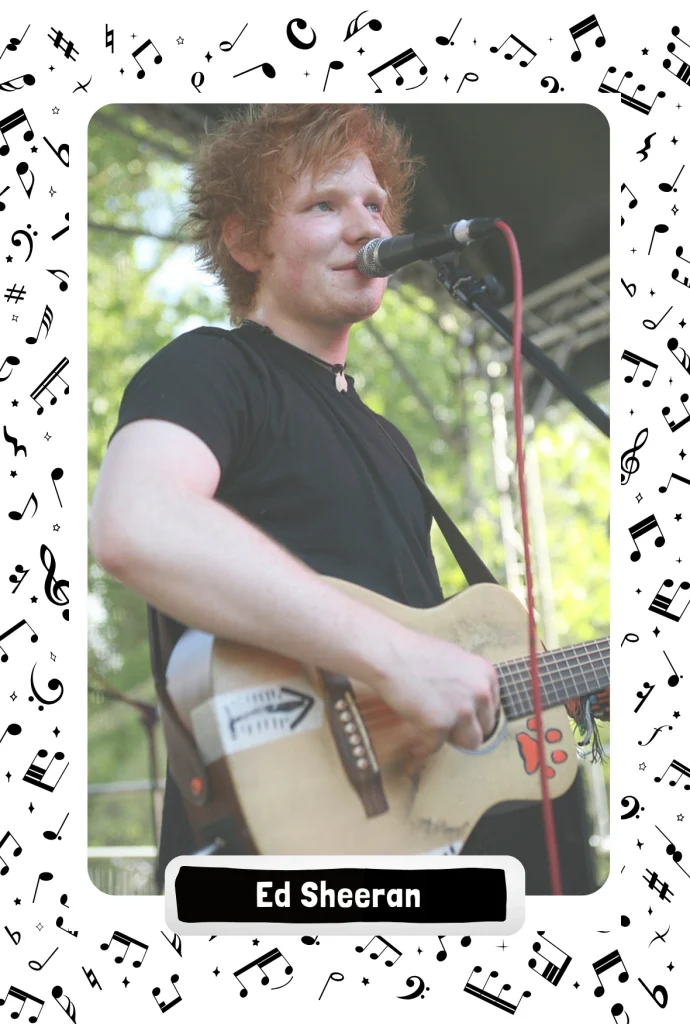 Ed Sheeran playing acoustic guitar live with loop pedal.
