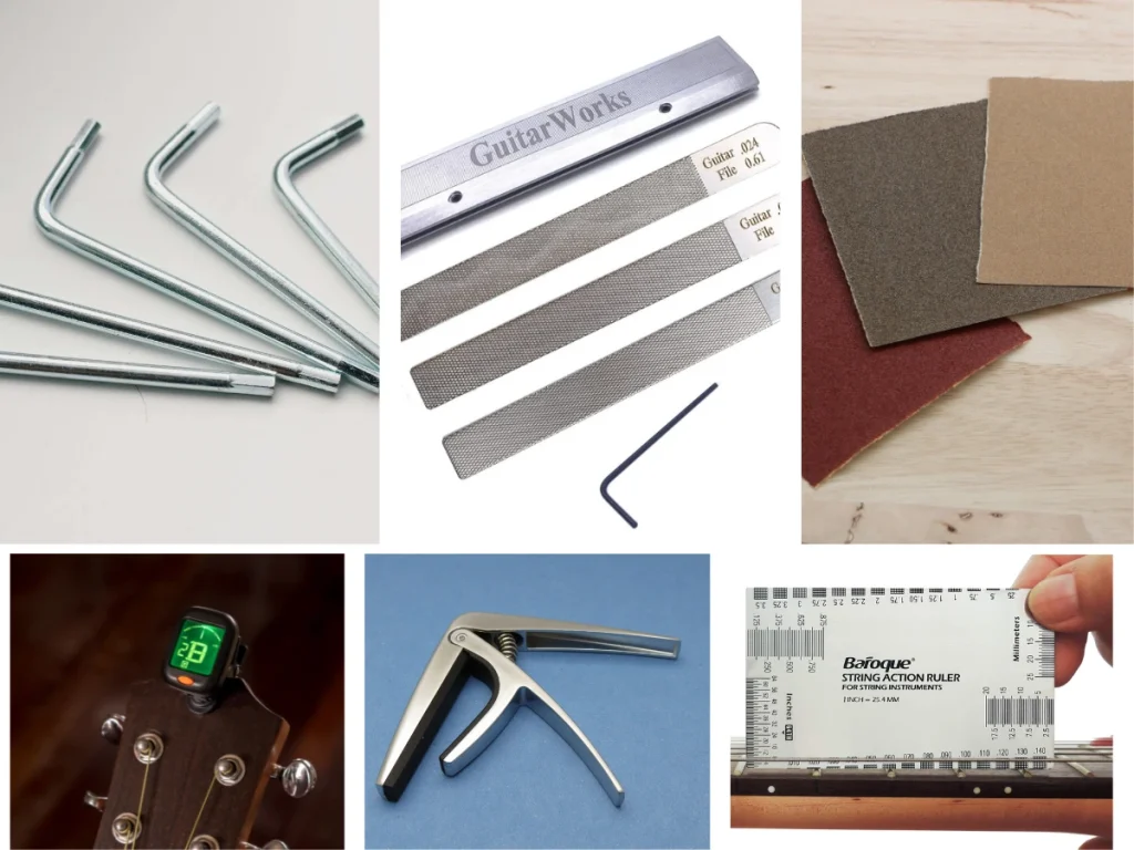 Tools required to lower the action on acoustic guitar - truss rod wrench, ruler, sandpaper, nut files